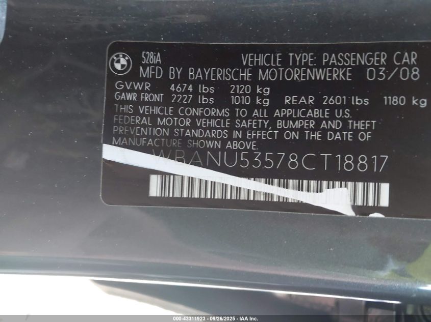 2008 BMW 528I VIN: WBANU53578CT18817 Lot: 43311923