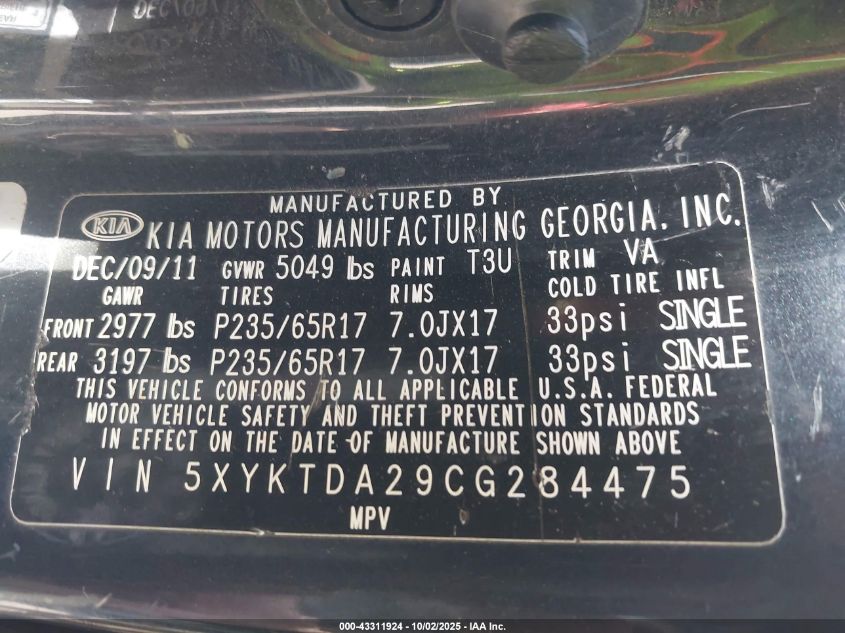 2012 Kia Sorento Lx V6 VIN: 5XYKTDA29CG284475 Lot: 43311924