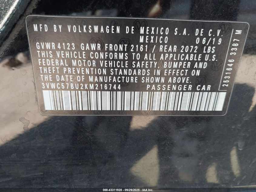 2019 Volkswagen Jetta 1.4T R-Line/1.4T S/1.4T Se VIN: 3VWC57BU2KM216744 Lot: 43311928