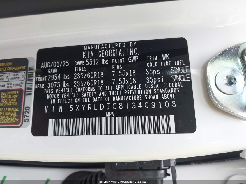 2026 Kia Sorento S VIN: 5XYRLDJC8TG409103 Lot: 43311936