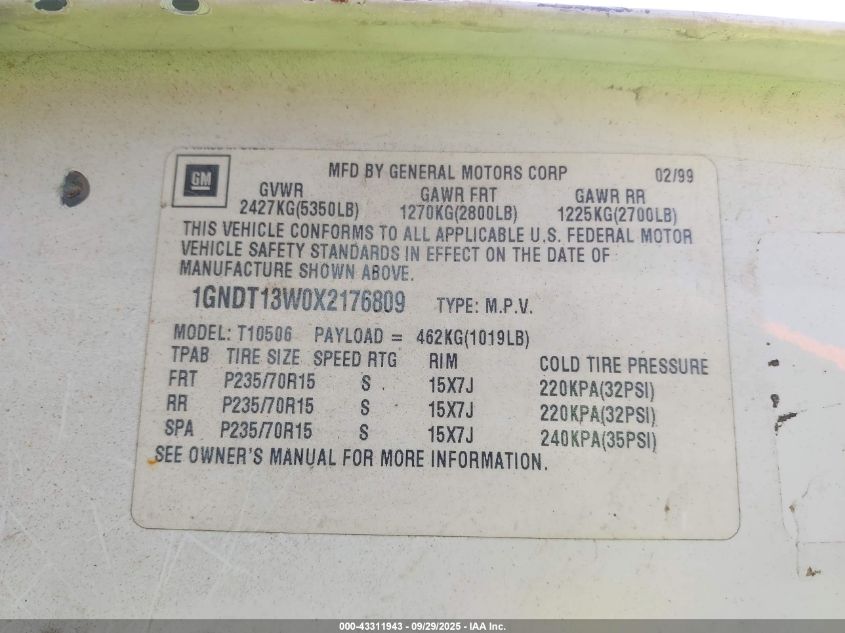 1999 Chevrolet Blazer Lt VIN: 1GNDT13W0X2176809 Lot: 43311943