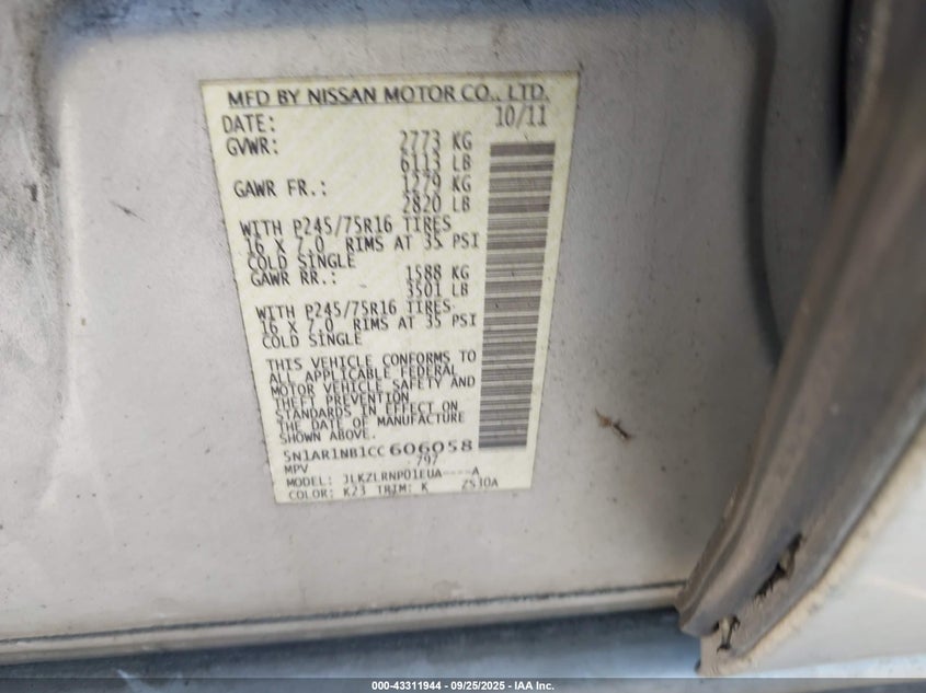 2012 Nissan Pathfinder S VIN: 5N1AR1NB1CC606058 Lot: 43311944