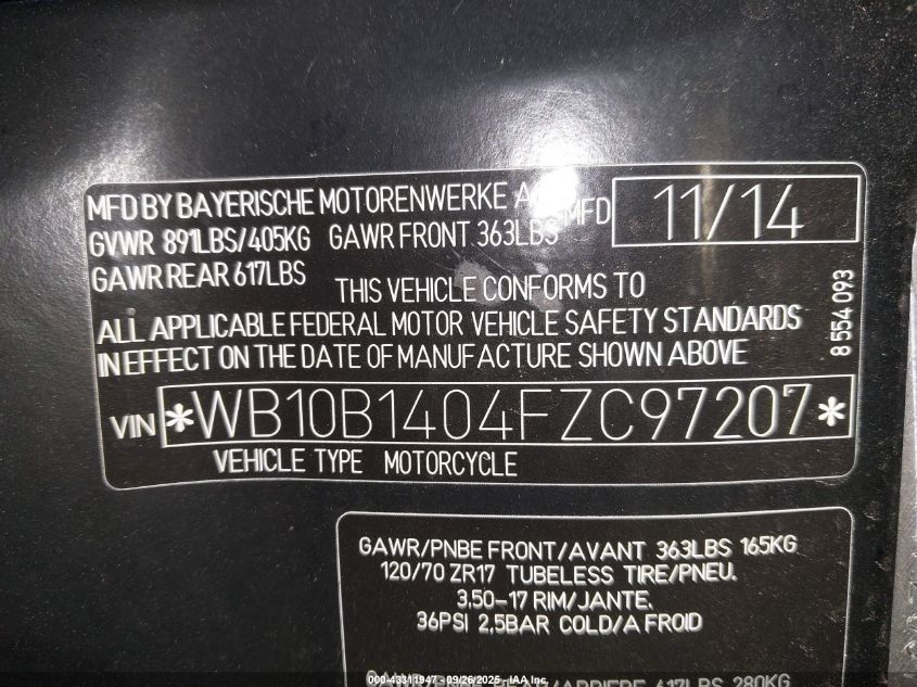 2015 BMW F800 R VIN: WB10B1404FZC97207 Lot: 43311947