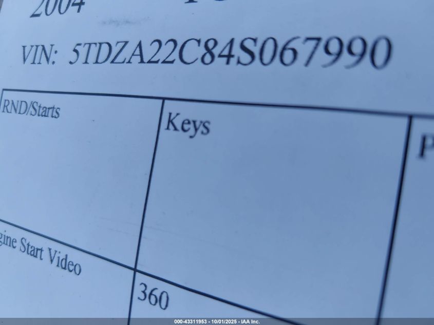 2004 Toyota Sienna Xle Limited VIN: 5TDZA22C84S067990 Lot: 43311953