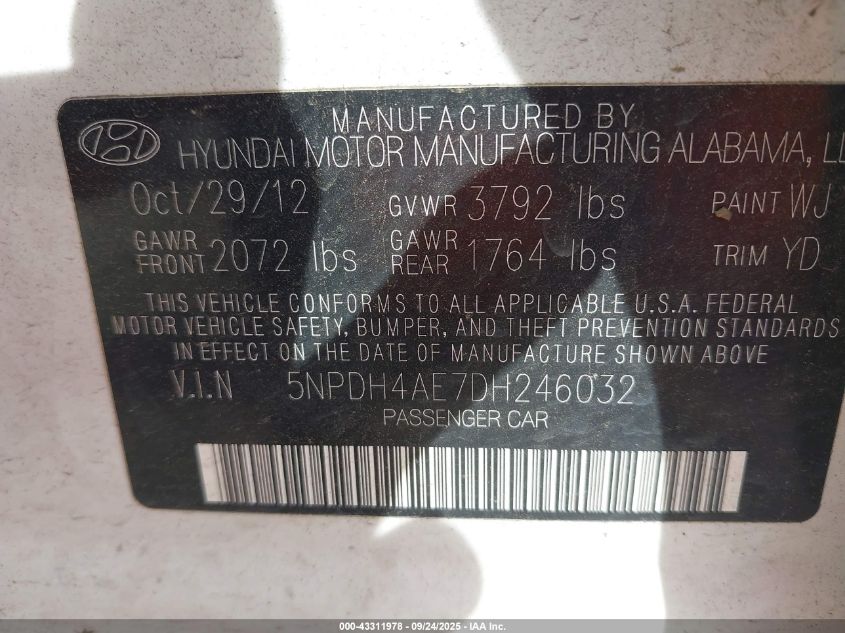 2013 Hyundai Elantra Gls VIN: 5NPDH4AE7DH246032 Lot: 43311978