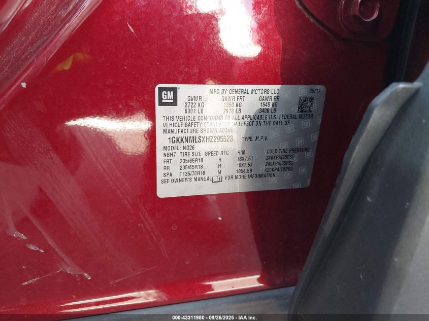2017 GMC Acadia Slt-1 VIN: 1GKKNMLSXHZ295523 Lot: 43311980