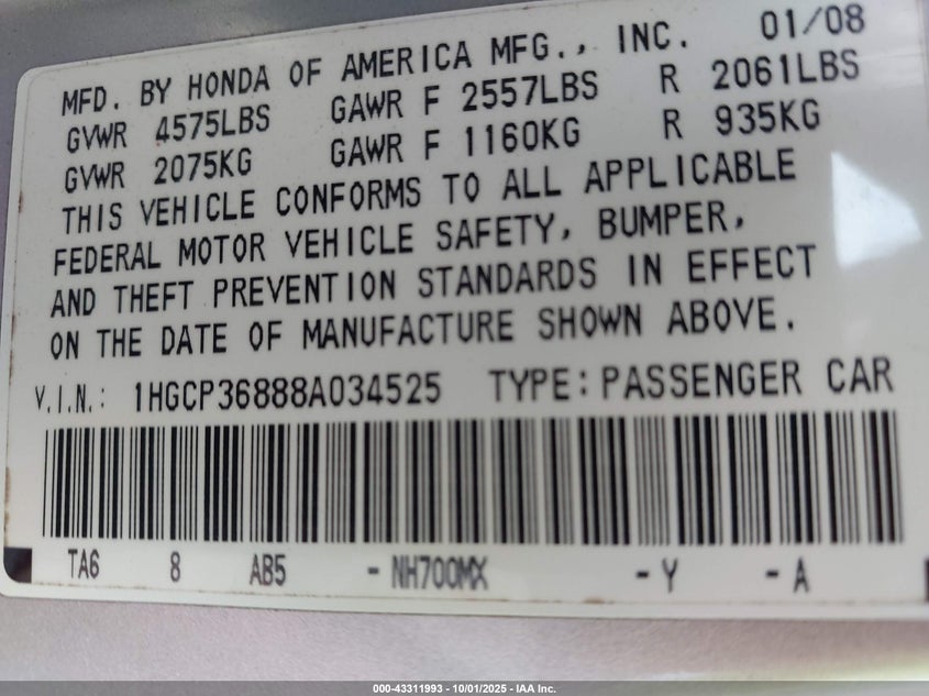 1HGCP36888A034525 2008 HONDA ACCORD photo no. 9