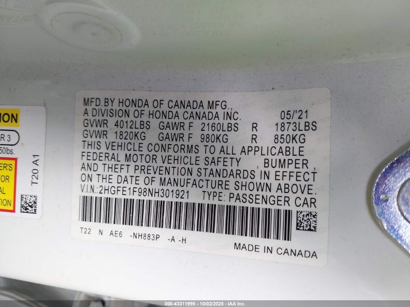 2022 Honda Civic Touring VIN: 2HGFE1F98NH301921 Lot: 43311995