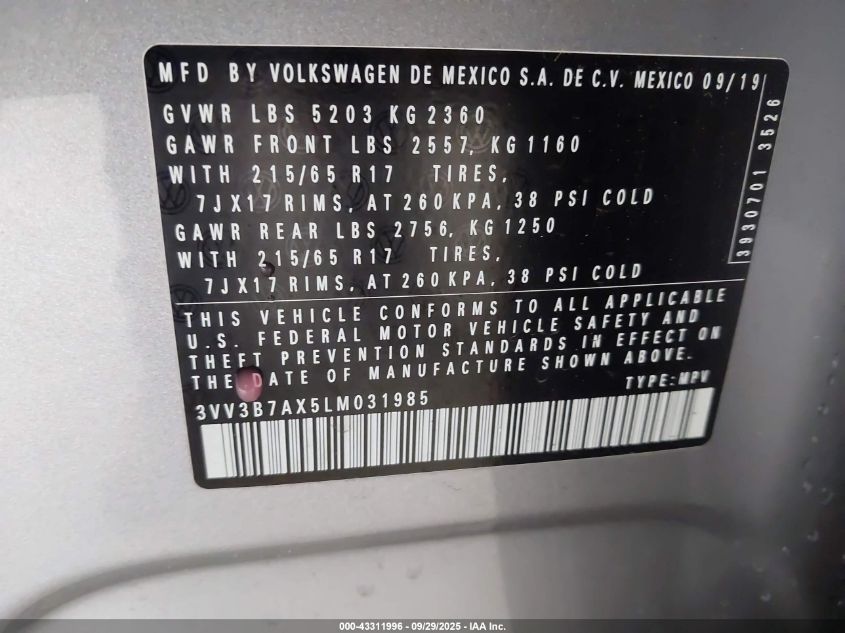 2020 Volkswagen Tiguan 2.0T Se/2.0T Se R-Line Black/2.0T Sel VIN: 3VV3B7AX5LM031985 Lot: 43311996