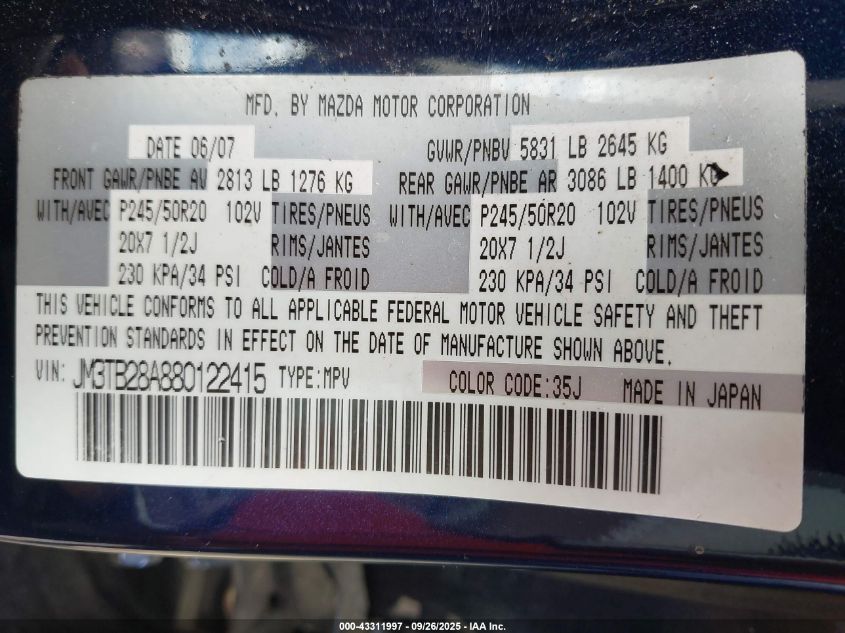 2008 Mazda Cx-9 Grand Touring VIN: JM3TB28A880122415 Lot: 43311997
