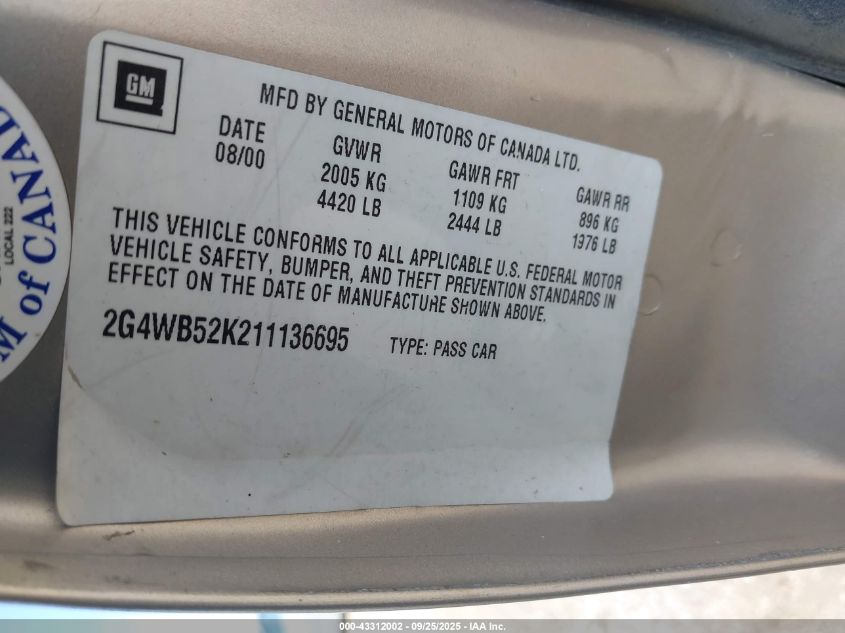 2001 Buick Regal Ls VIN: 2G4WB52K211136695 Lot: 43312002