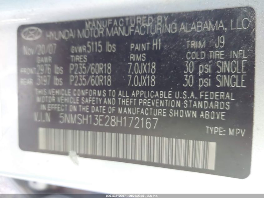 2008 Hyundai Santa Fe Limited/Se VIN: 5NMSH13E28H172167 Lot: 43312007