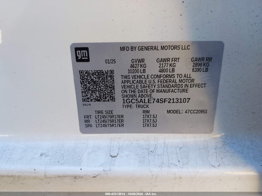 2025 Chevrolet Silverado 2500Hd 2Wd Long Bed Work Truck VIN: 1GC5ALE74SF213107 Lot: 43312014