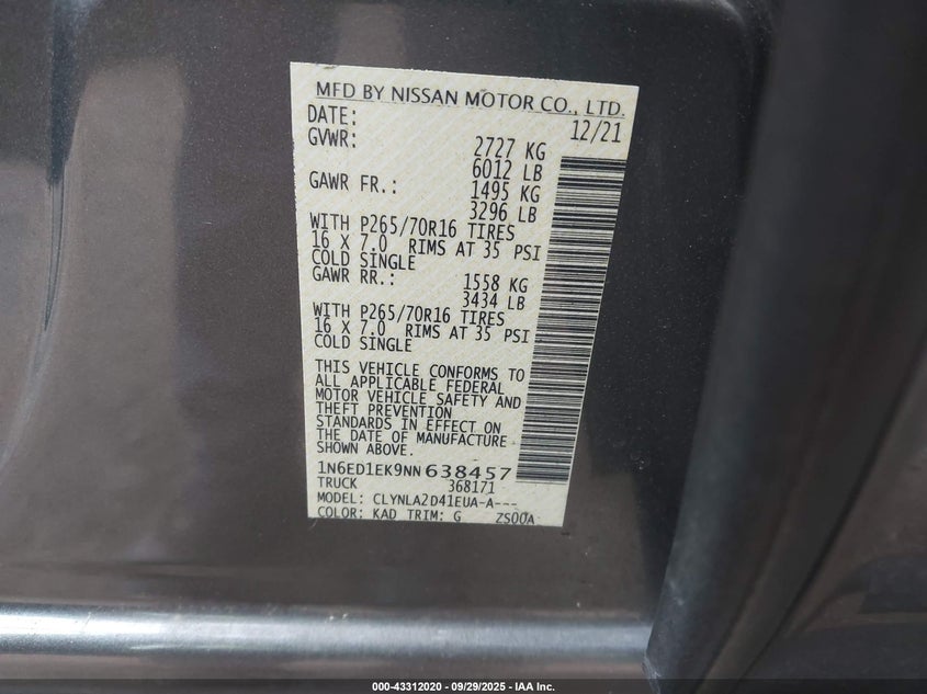 2022 Nissan Frontier S 4X4 VIN: 1N6ED1EK9NN638457 Lot: 43312020