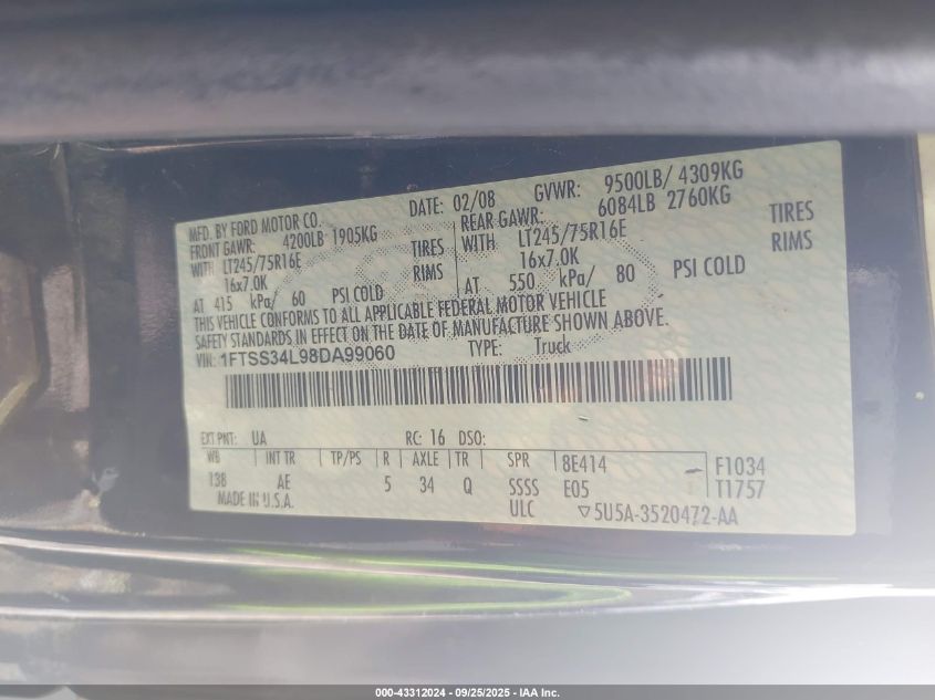 2008 Ford E-350 Super Duty Commercial/Recreational VIN: 1FTSS34L98DA99060 Lot: 43312024