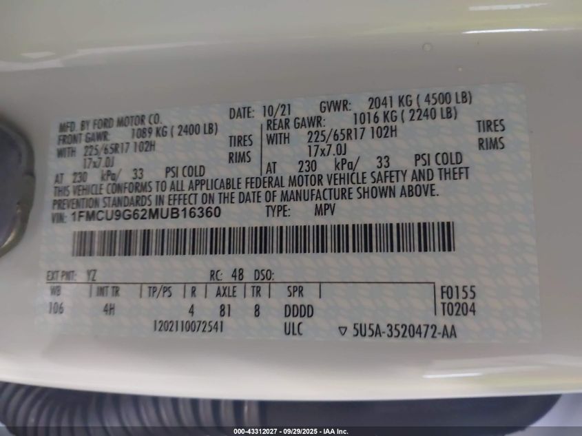 2021 Ford Escape Se VIN: 1FMCU9G62MUB16360 Lot: 43312027