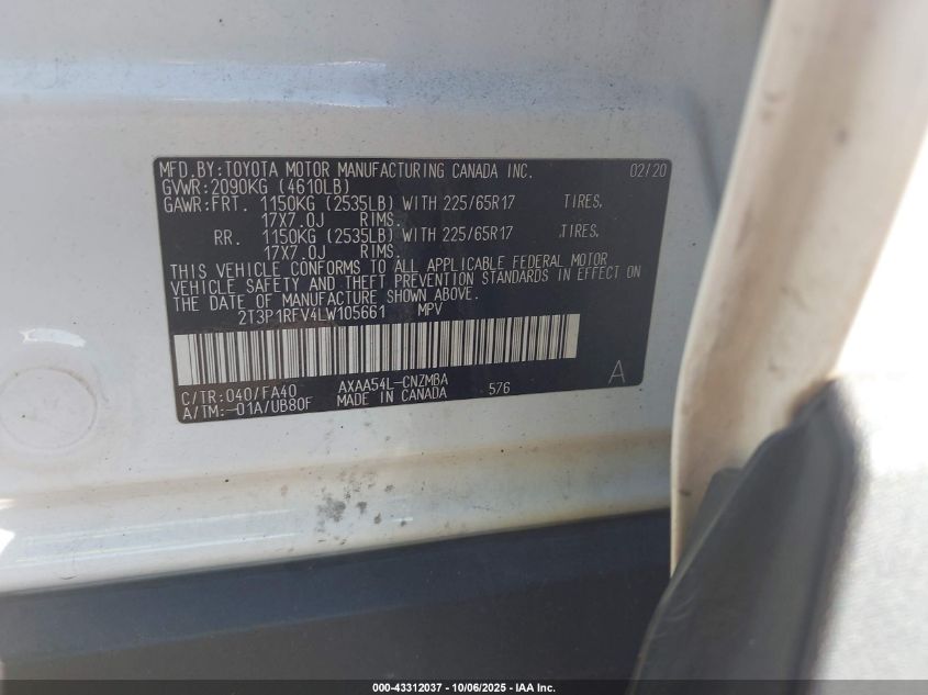 2020 Toyota Rav4 Xle VIN: 2T3P1RFV4LW105661 Lot: 43312037
