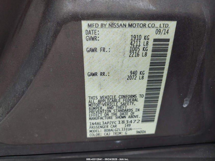 2015 NISSAN ALTIMA 2.5/2.5 S/2.5 SL/2.5 SV - 1N4AL3AP2FC183472