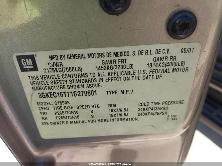 2001 GMC Yukon Xl 1500 Slt VIN: 3GKEC16T71G279601 Lot: 43312043