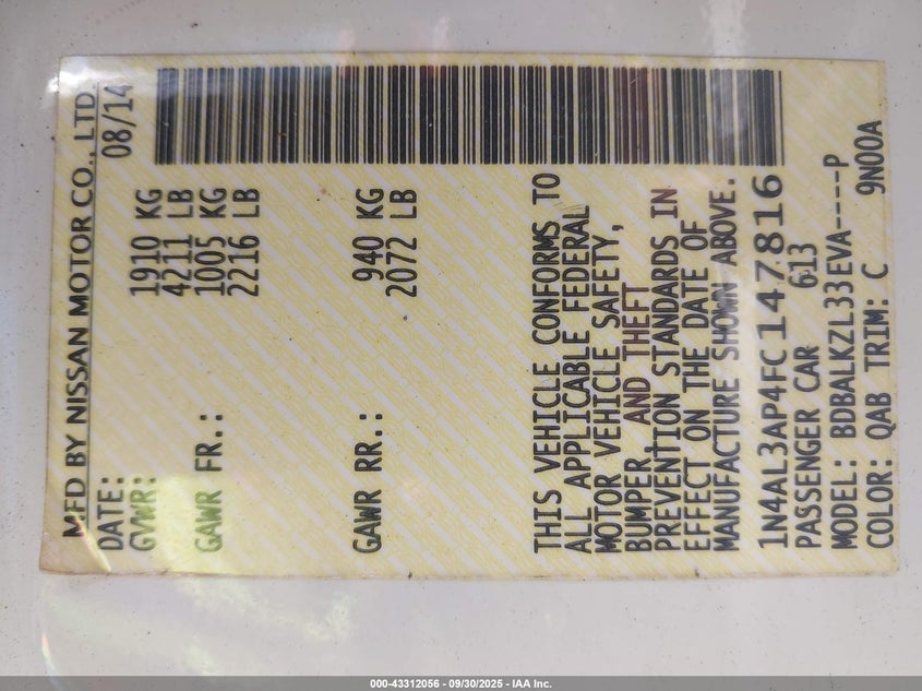 2015 Nissan Altima 2.5 Sv VIN: 1N4AL3AP4FC147816 Lot: 43312056