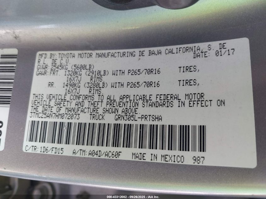 2017 Toyota Tacoma Trd Off Road VIN: 3TMCZ5AN7HM072073 Lot: 43312082