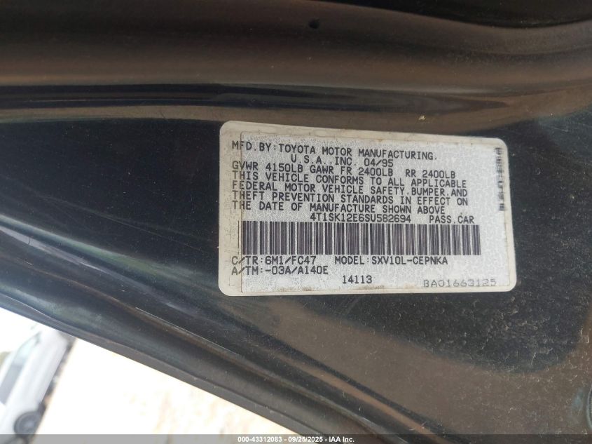 1995 Toyota Camry Le VIN: 4T1SK12E6SU582694 Lot: 43312083