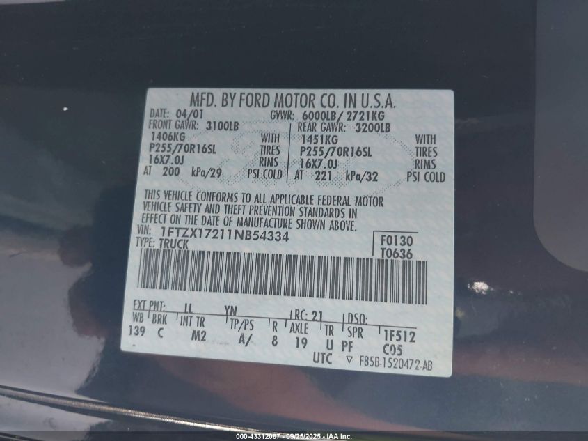 2001 Ford F-150 Xl/Xlt VIN: 1FTZX17211NB54334 Lot: 43312087