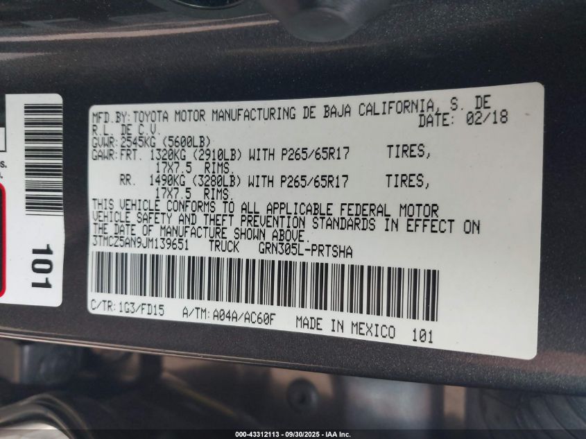 2018 Toyota Tacoma Trd Sport VIN: 3TMCZ5AN9JM139651 Lot: 43312113