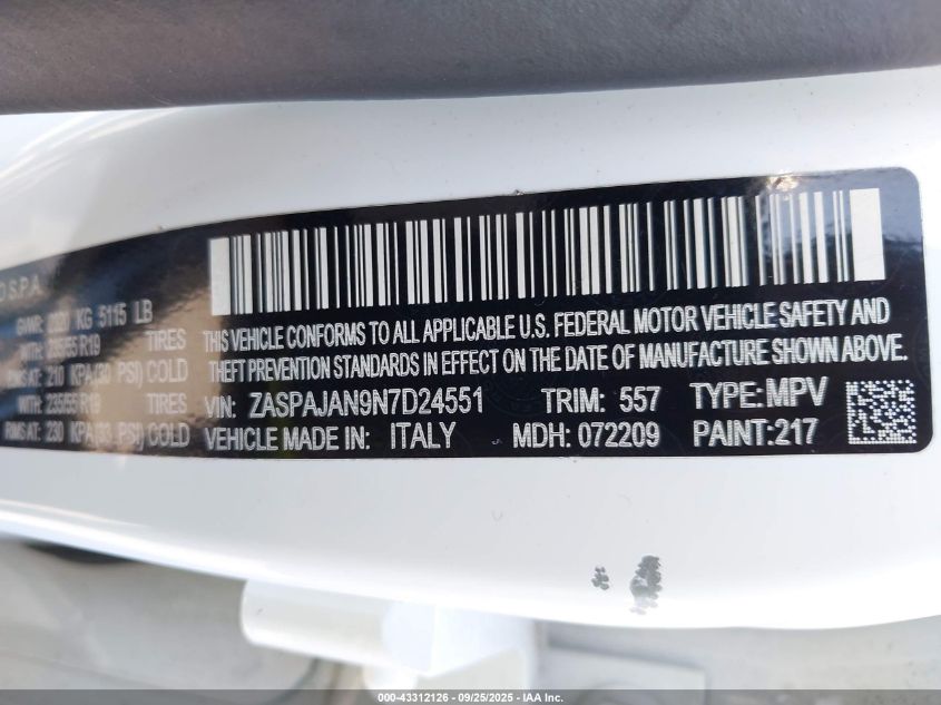 2022 Alfa Romeo Stelvio Sprint Rwd VIN: ZASPAJAN9N7D24551 Lot: 43312126