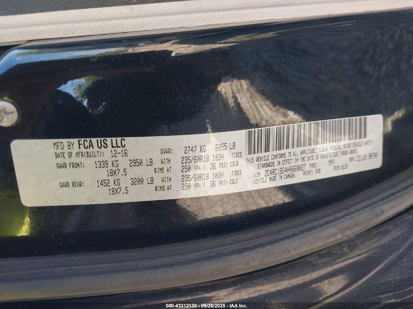 2017 Chrysler Pacifica Touring-L VIN: 2C4RC1BG4HR668027 Lot: 43312130