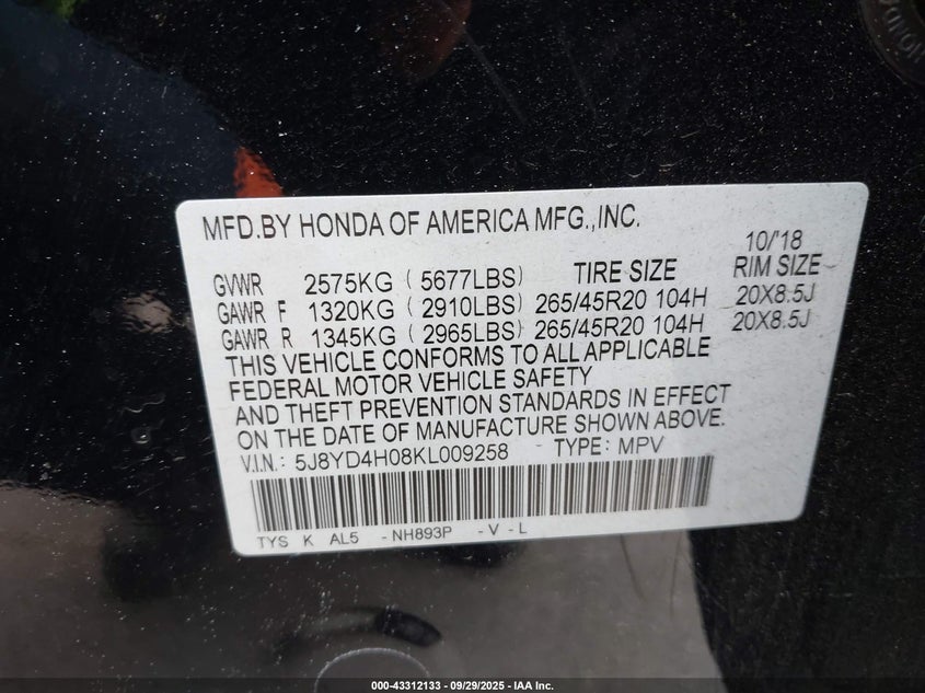 2019 ACURA MDX TECH   A-SPEC PKGS - 5J8YD4H08KL009258