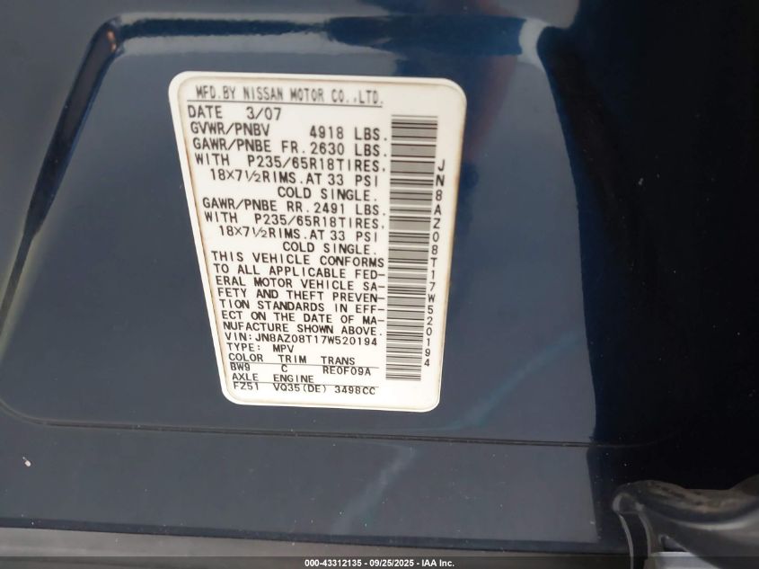 2007 Nissan Murano Sl VIN: JN8AZ08T17W520194 Lot: 43312135