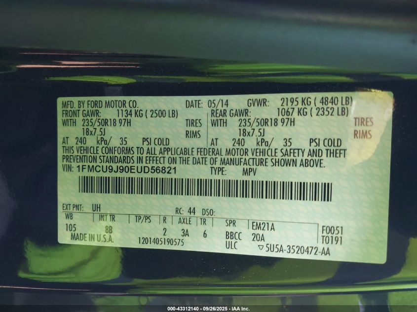 2014 Ford Escape Titanium VIN: 1FMCU9J90EUD56821 Lot: 43312140