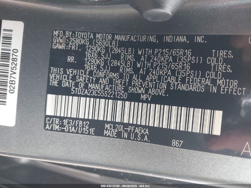 2005 Toyota Sienna Le VIN: 5TDZA23C55S221250 Lot: 43312150