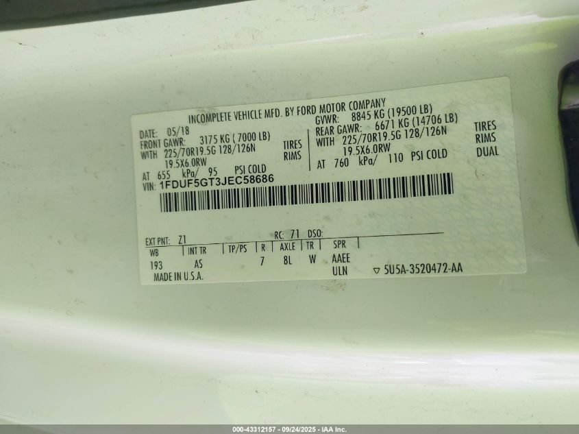 2018 Ford F-550 Chassis Xl VIN: 1FDUF5GT3JEC58686 Lot: 43312157