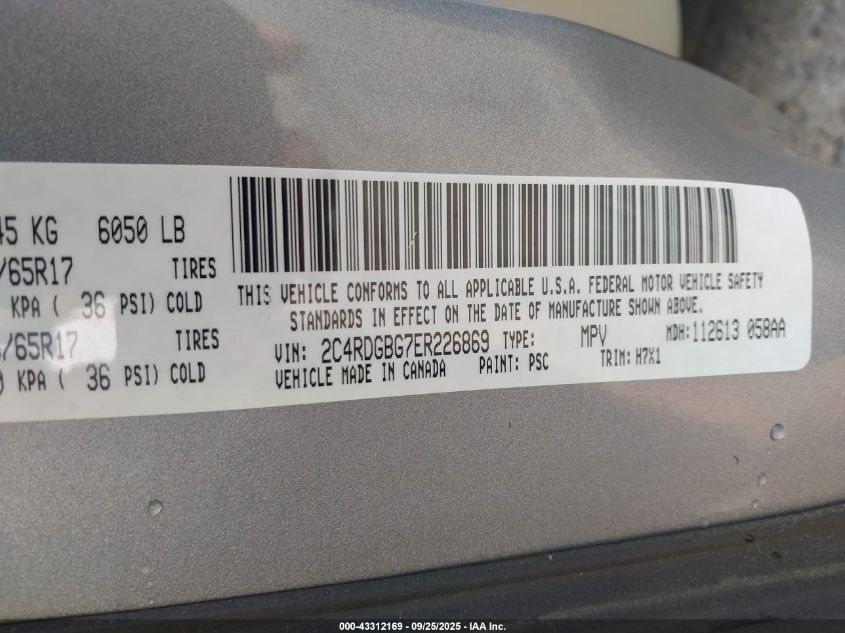 2014 Dodge Grand Caravan American Value Pkg VIN: 2C4RDGBG7ER226869 Lot: 43312169