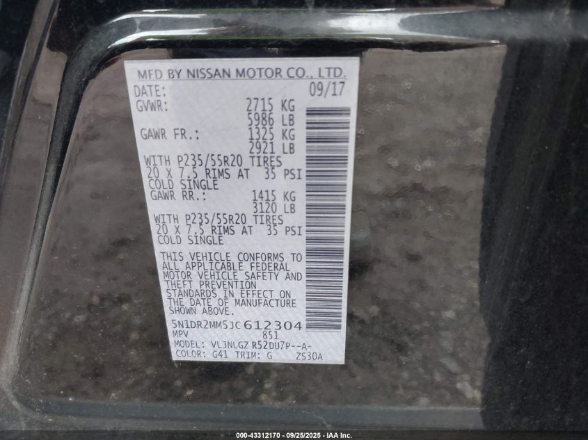 2018 Nissan Pathfinder Sl VIN: 5N1DR2MM5JC612304 Lot: 43312170