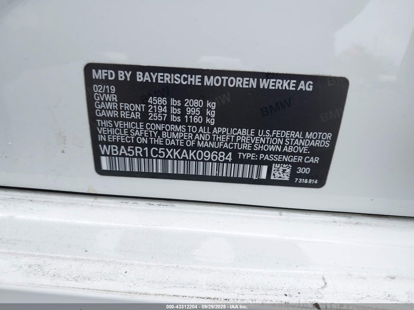 2019 BMW 330I WBA5R1C5XKAK09684