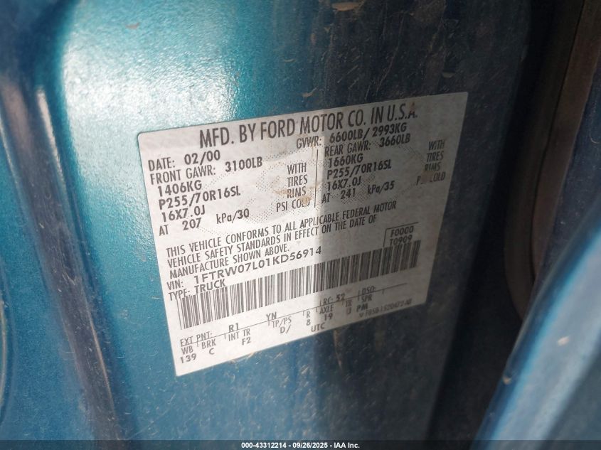 2001 Ford F-150 Harley-Davidson Edition/King Ranch Edition/Lariat/Xlt VIN: 1FTRW07L01KD56914 Lot: 43312214