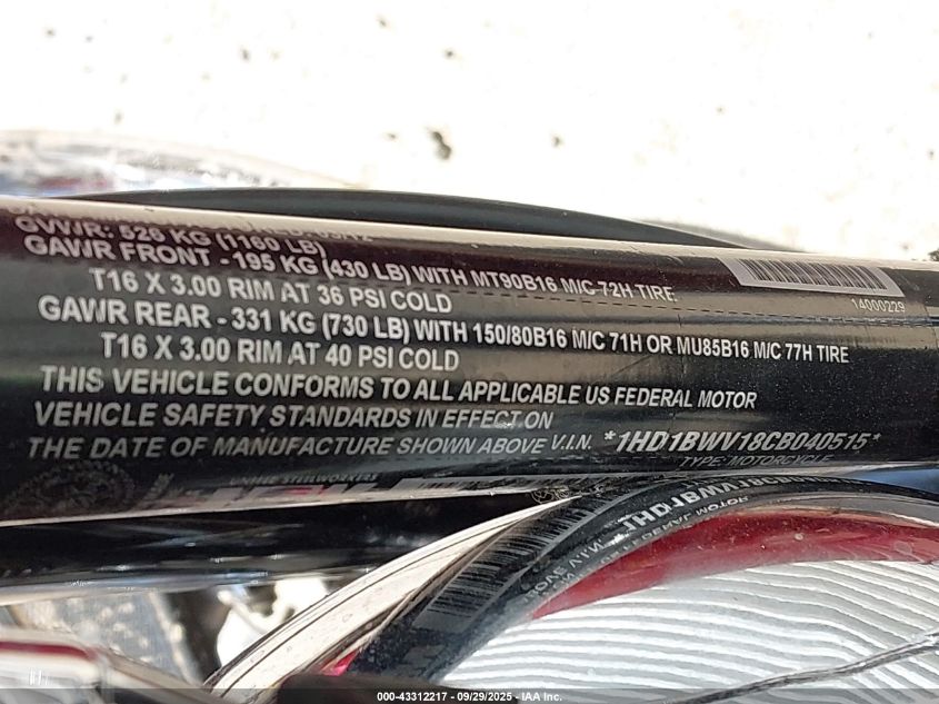 2012 Harley-Davidson Flstc Heritage Softail Classic VIN: 1HD1BWV18CB040515 Lot: 43312217