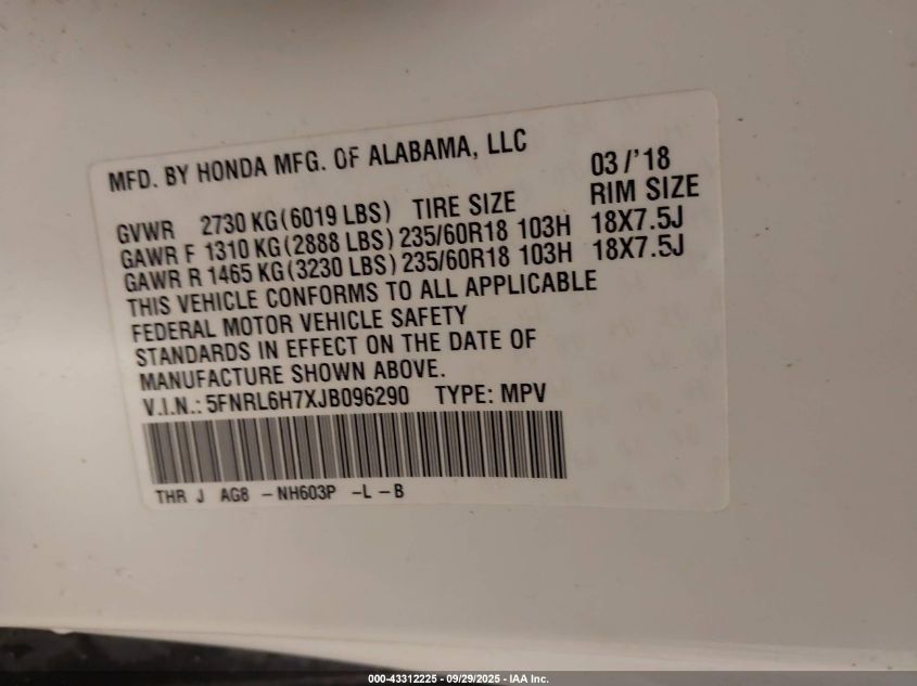 2018 Honda Odyssey Ex-L VIN: 5FNRL6H7XJB096290 Lot: 43312225