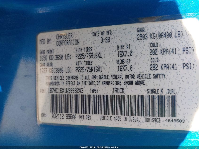 1998 Dodge Ram 1500 St/Ws VIN: 1B7HC16X1WS693243 Lot: 43312229
