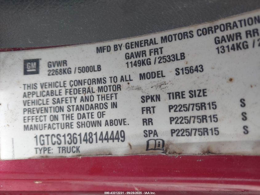 2004 GMC Canyon Sle VIN: 1GTCS136148144449 Lot: 43312231