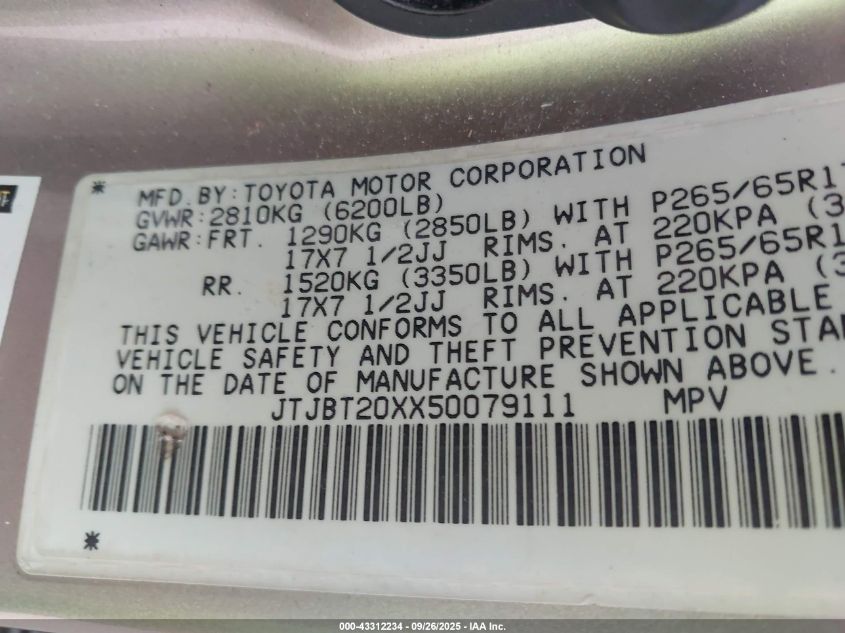 2005 Lexus Gx 470 VIN: JTJBT20XX50079111 Lot: 43312234