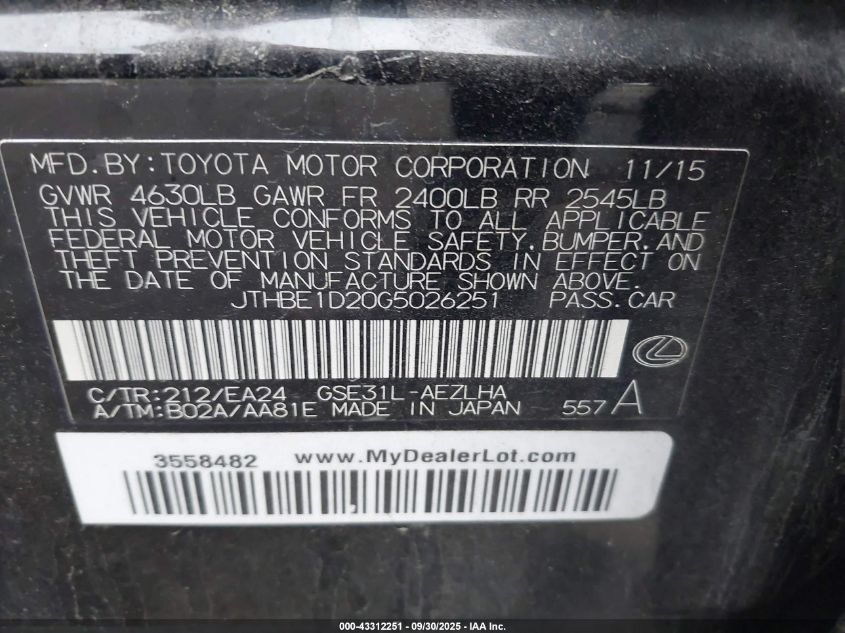 2016 Lexus Is VIN: JTHBE1D20G5026251 Lot: 43312251