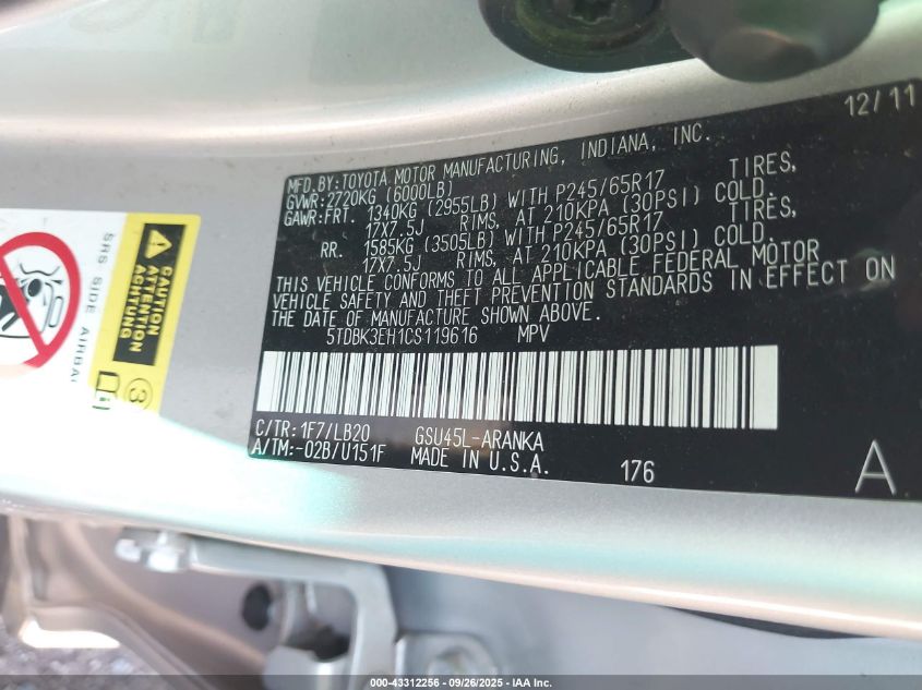 2012 Toyota Highlander Se V6 VIN: 5TDBK3EH1CS119616 Lot: 43312256