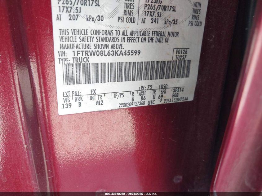 2003 Ford F-150 Lariat/Xlt VIN: 1FTRW08L63KA45599 Lot: 43312262