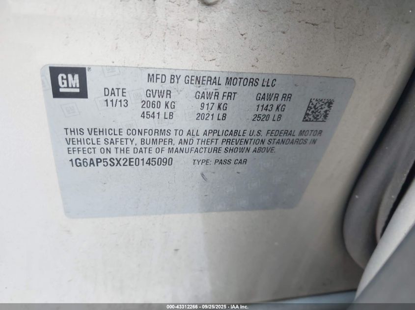2014 Cadillac Cts Standard VIN: 1G6AP5SX2E0145090 Lot: 43312266