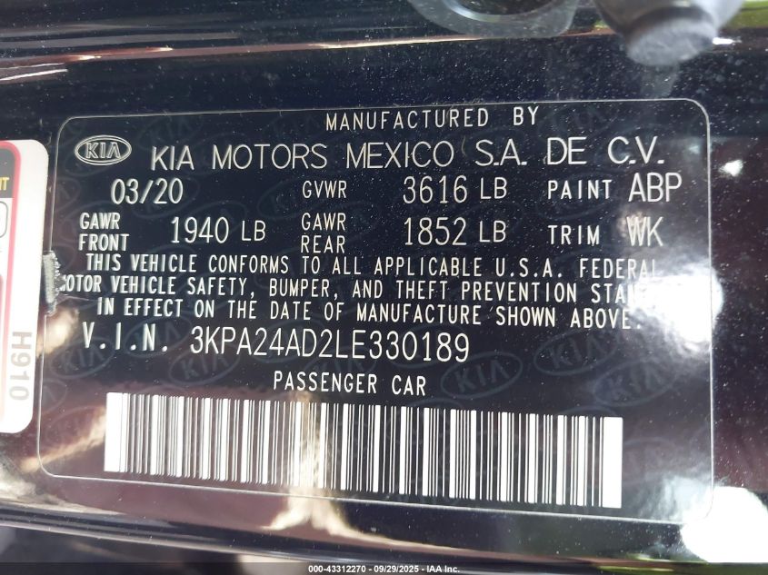 2020 Kia Rio S VIN: 3KPA24AD2LE330189 Lot: 43312270