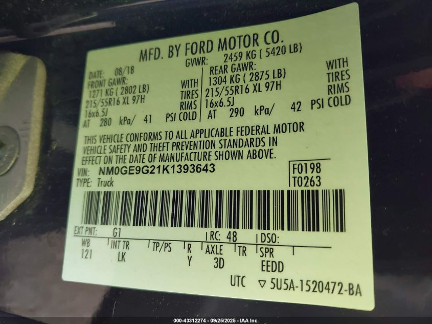 2019 Ford Transit Connect Titanium VIN: NM0GE9G21K1393643 Lot: 43312274